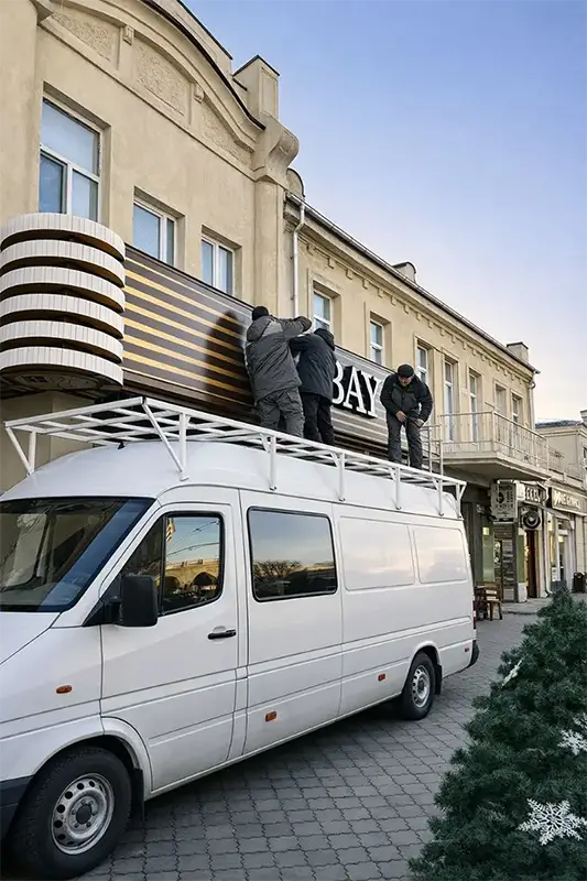 Установка наружной вывески на фасаде здания в Молдове - монтаж рекламной конструкции для бизнеса